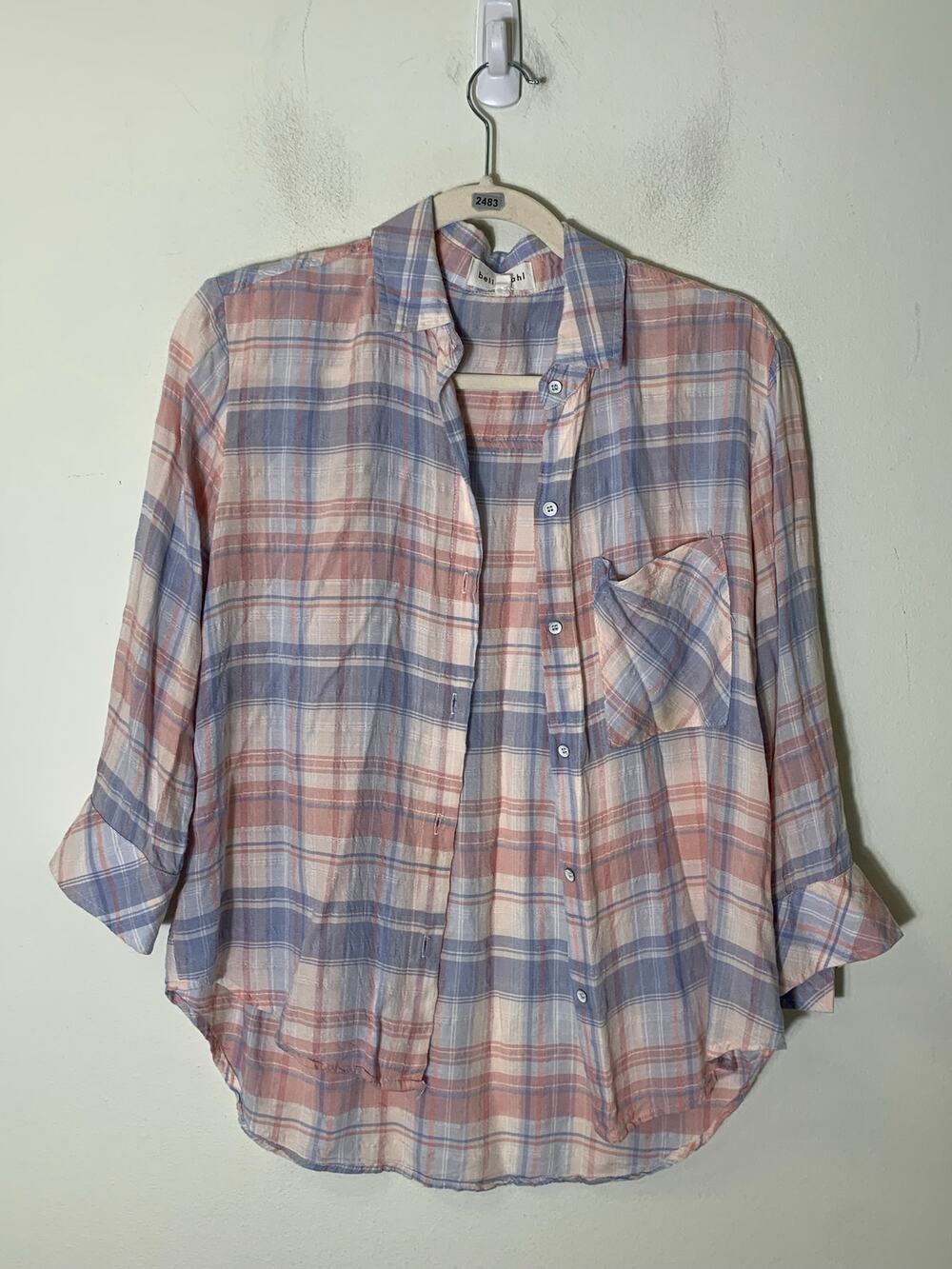 Bella Dahl Blue Pink Plaid Button Up Long Sleeve Sz XS